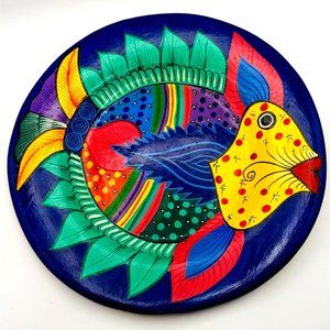VTG Mexican FOLKART Pottery Plate Wall Hanging HAND-PAINTED 12" Colorful VIVID